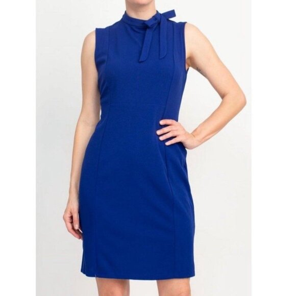 Calvin Klein Women's Sleeveless Sheath Dress with Bow Tie Neck Size 6 Blue Zip - Picture 1 of 12